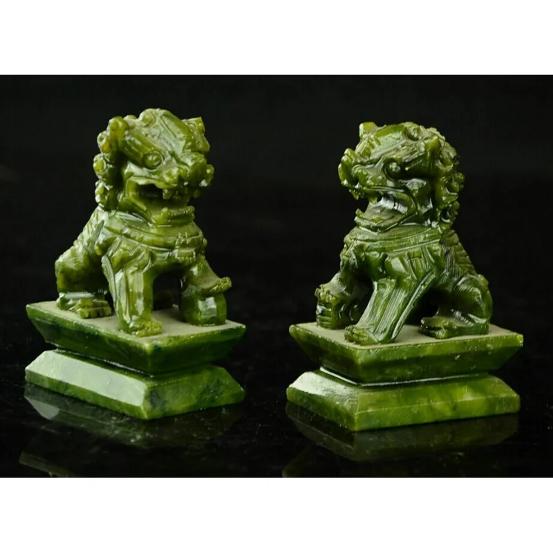 

Rare Pair 100% Chinese Natural Green Jade Hand Carved Statue FO Dog Lion