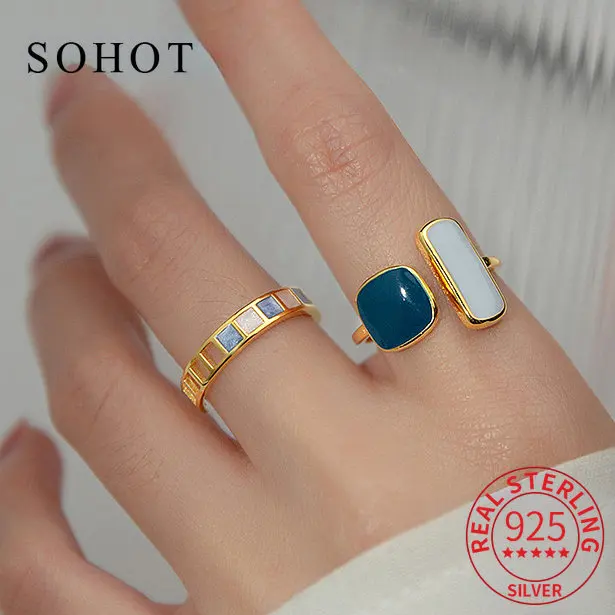 

Real 925 Sterling Silver Enamel Geometric Asymmetrical Square Adjustable Ring For Women Hiphop Fine Jewelry Summer