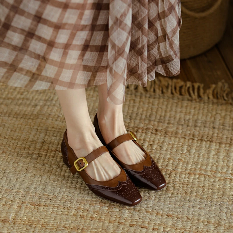 

2022 Spring/Fall Women Shoes Square Toe Women Pumps Split Leather Shoes Women Chunky Heel Mixed Colors Shoes Low Heel Mary Janes
