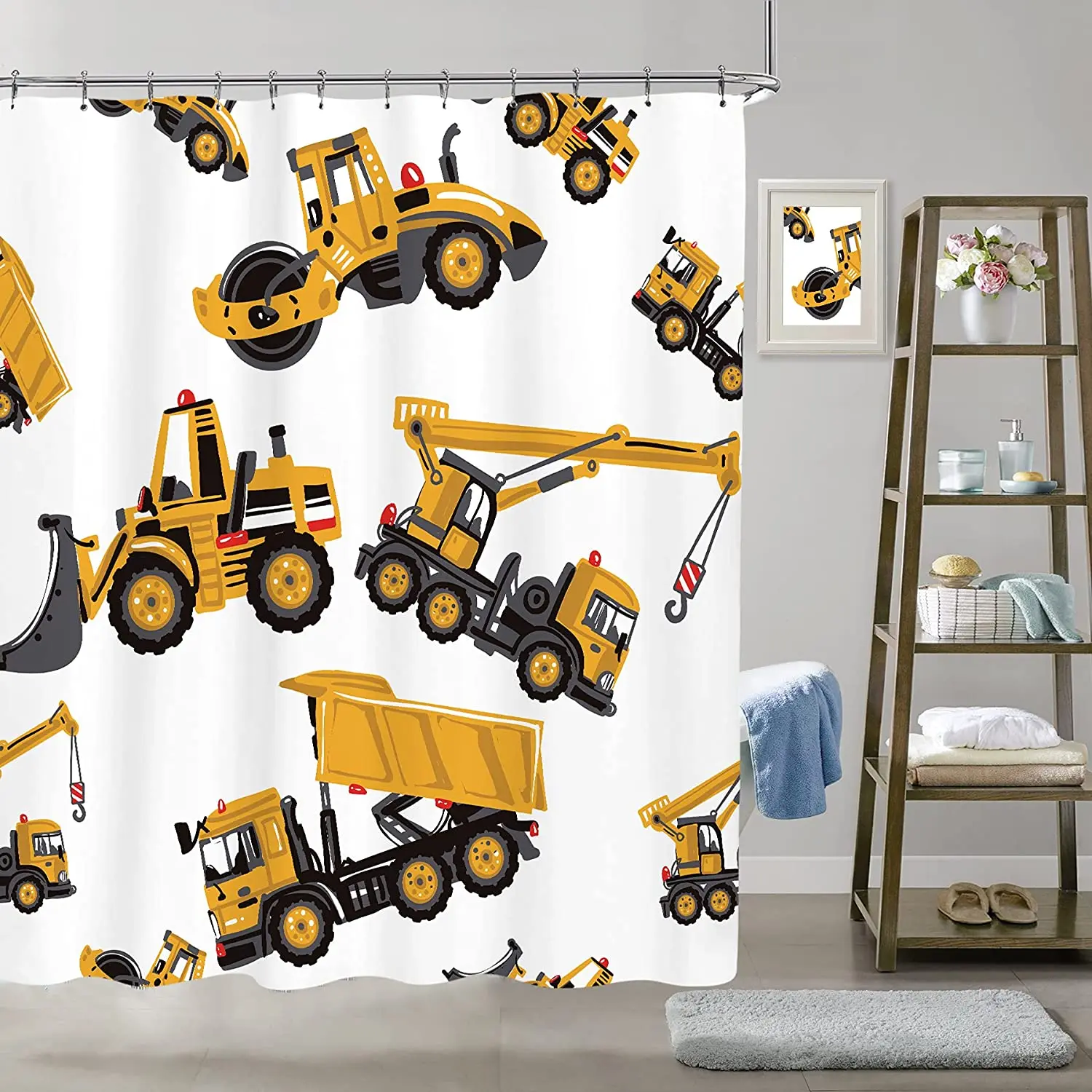 

Construction Vehicle Boy Children Shower Curtain Excavator Cartoon Yellow Children Mechanical Bathroom Decorative Hook