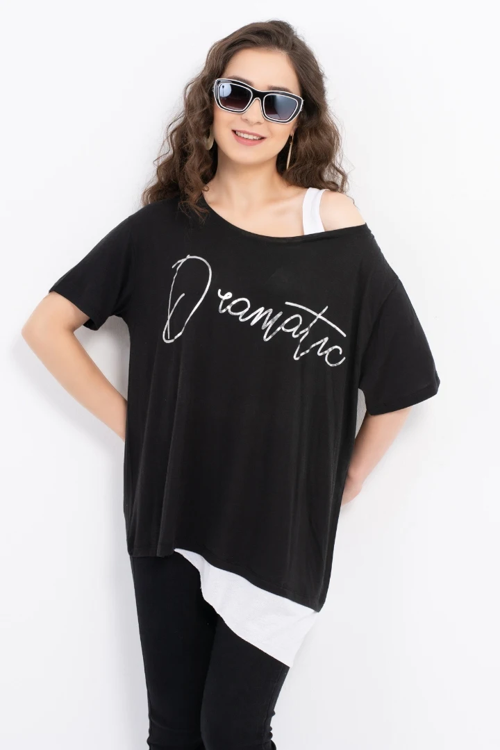 

Black One Shoulder White Pendant Asymmetrical Cut Blouse women short sleeve new season casual cut top clothing