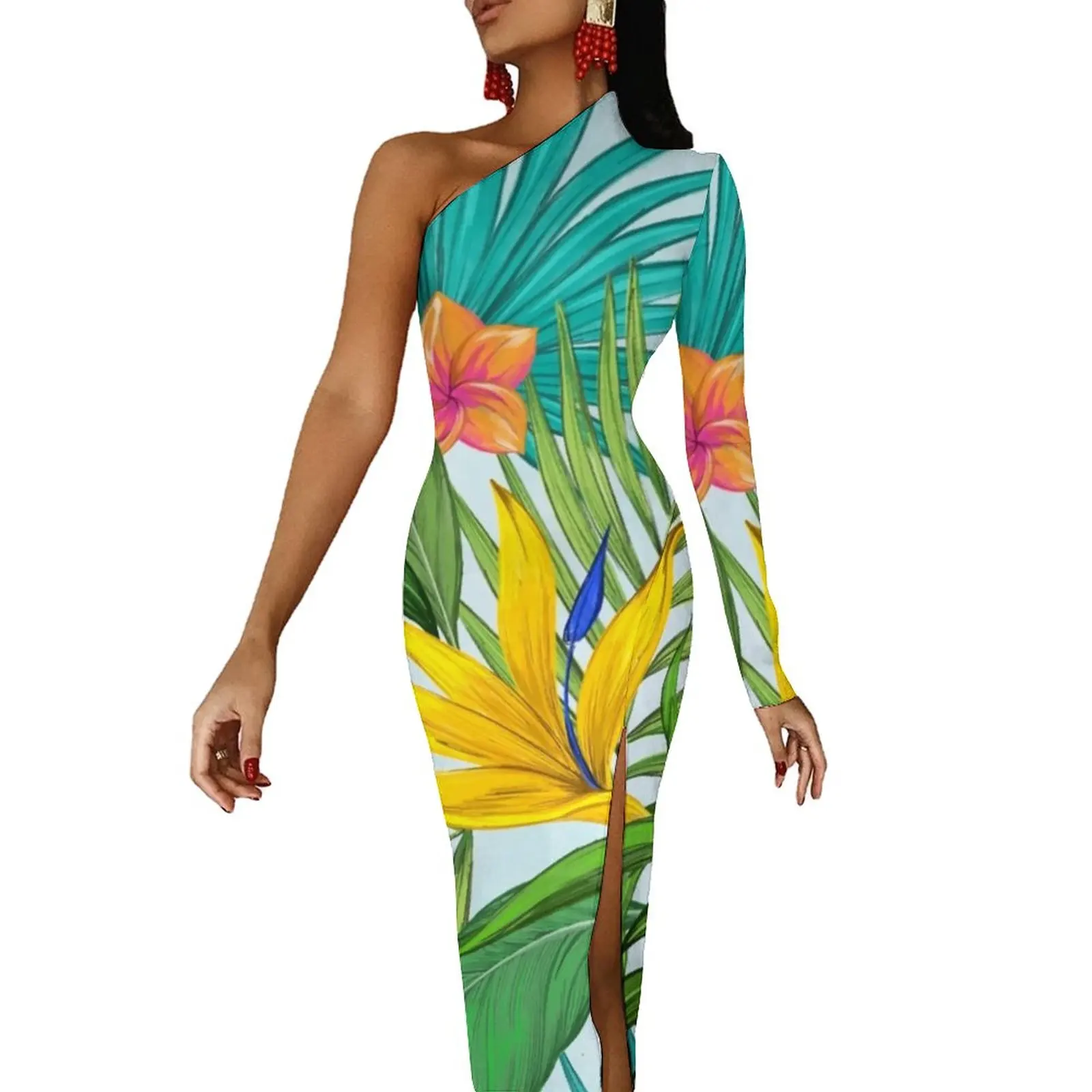 

Palm Leaves Print Long Dress Hawaiian Floral Street Wear Maxi Dress Autumn Night Club Bodycon Dresses High Slit Graphic Clothing