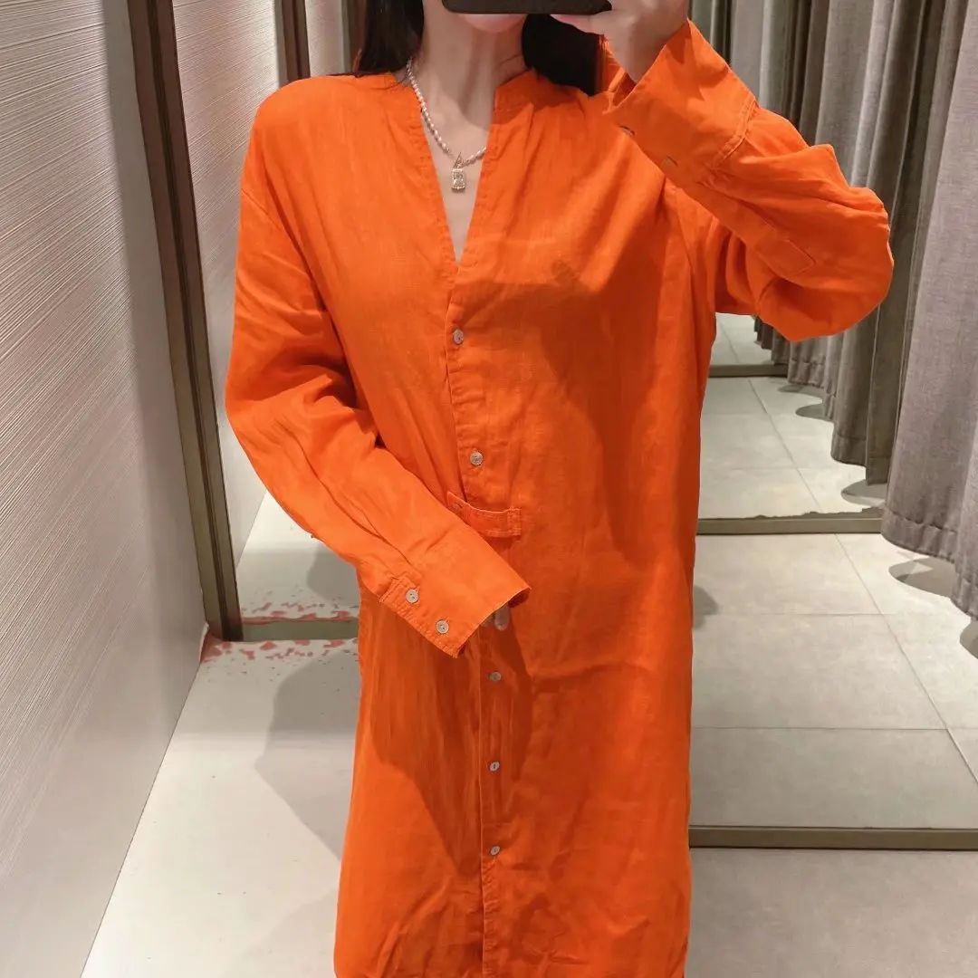 Платье-рубашка женское оранжевое средней длины с длинным рукавом |