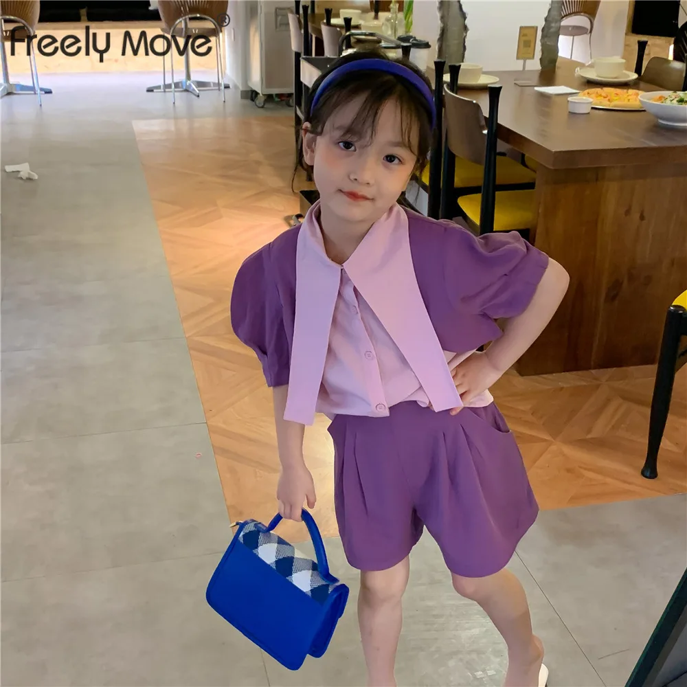 

Freely Move 2022 Summer Kids Girls Clothing Sets Baby Girls Clothes Short Sleeve shirt+Short Pant 2Pcs patchwork Children Sets