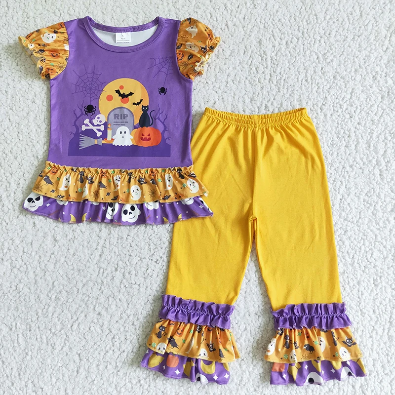 

Halloween kids outfit pumpkin ruffled short sleeves T-shirt top purple pants two piece outfits baby clothing sets RTS NO MOQ