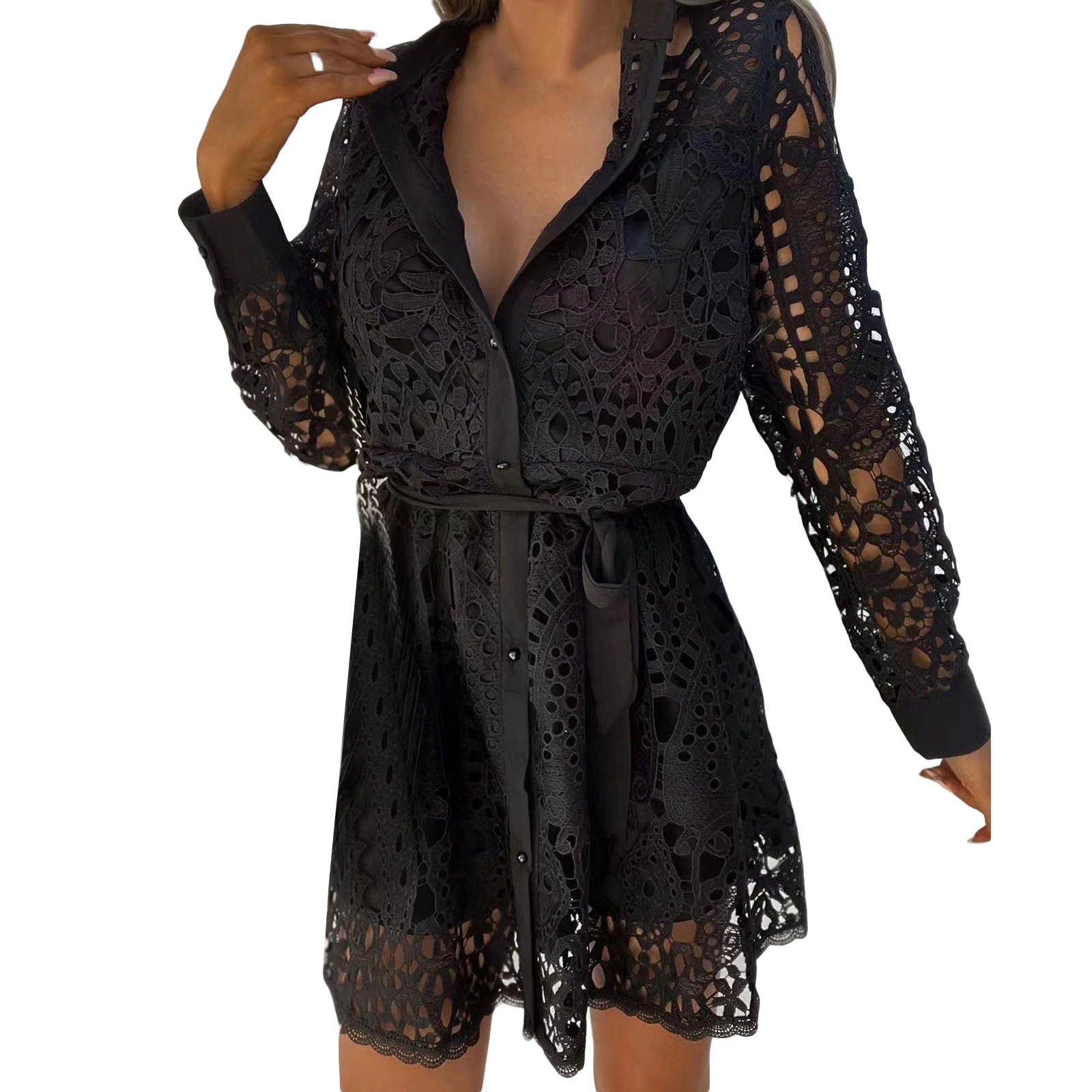 

Women Short Dress Autumn Women Hollow Geometric Pattern Stand Collar Single-breasted Long Sleeve Lace Skirt with Belt