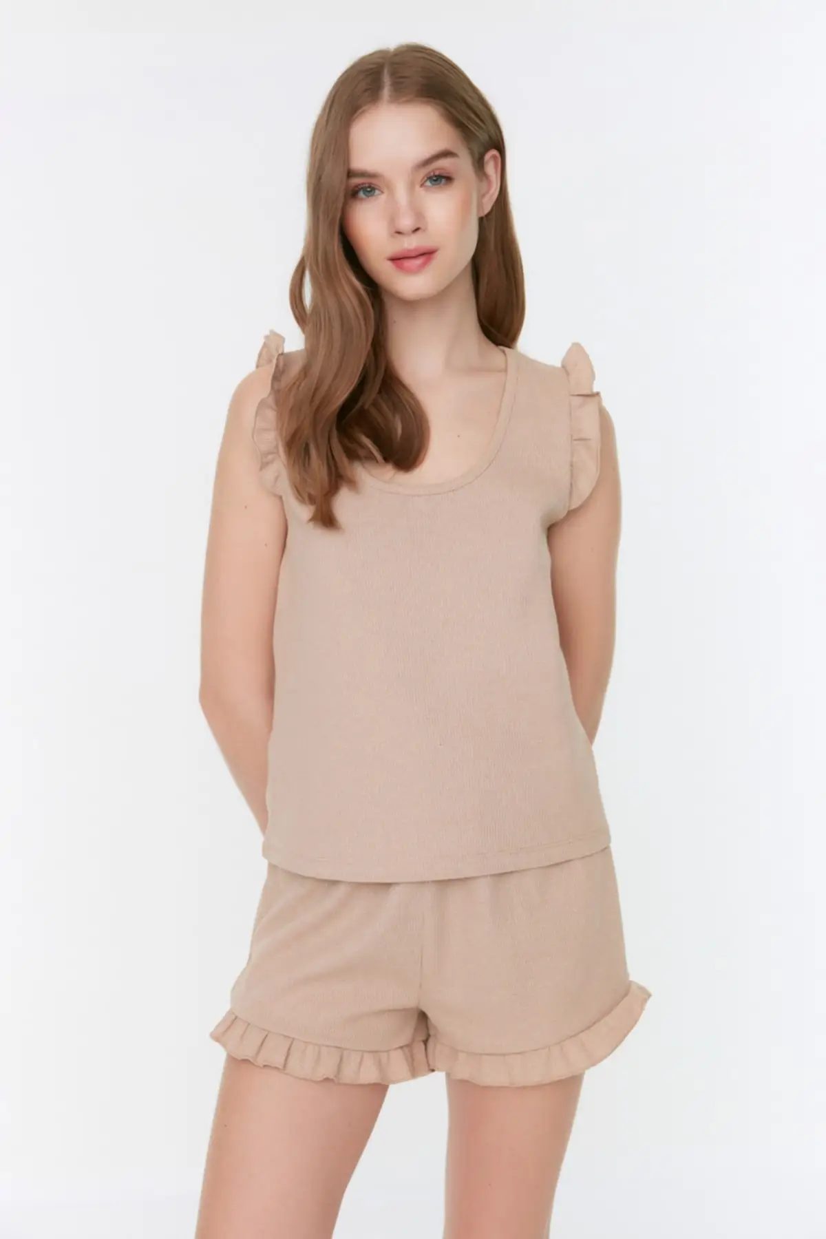 

Women's Pajamas Beige Recycle Waffle Fabric Frilly Knitted Sleep Lounge Pajamas Nightwear Nightwear Nightwear Nightwear
