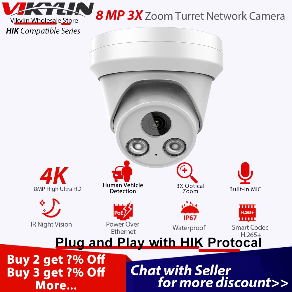 

IP-камера видеонаблюдения Vikylin 4K, 8 Мп, подходит для Hikvision
