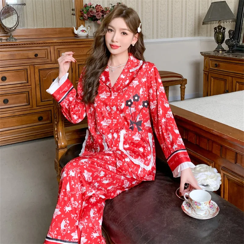 

Jxgarb Весенняя новая атласная Женская милая пижама из двух предметов модная женская цветочная Пижама с карманами