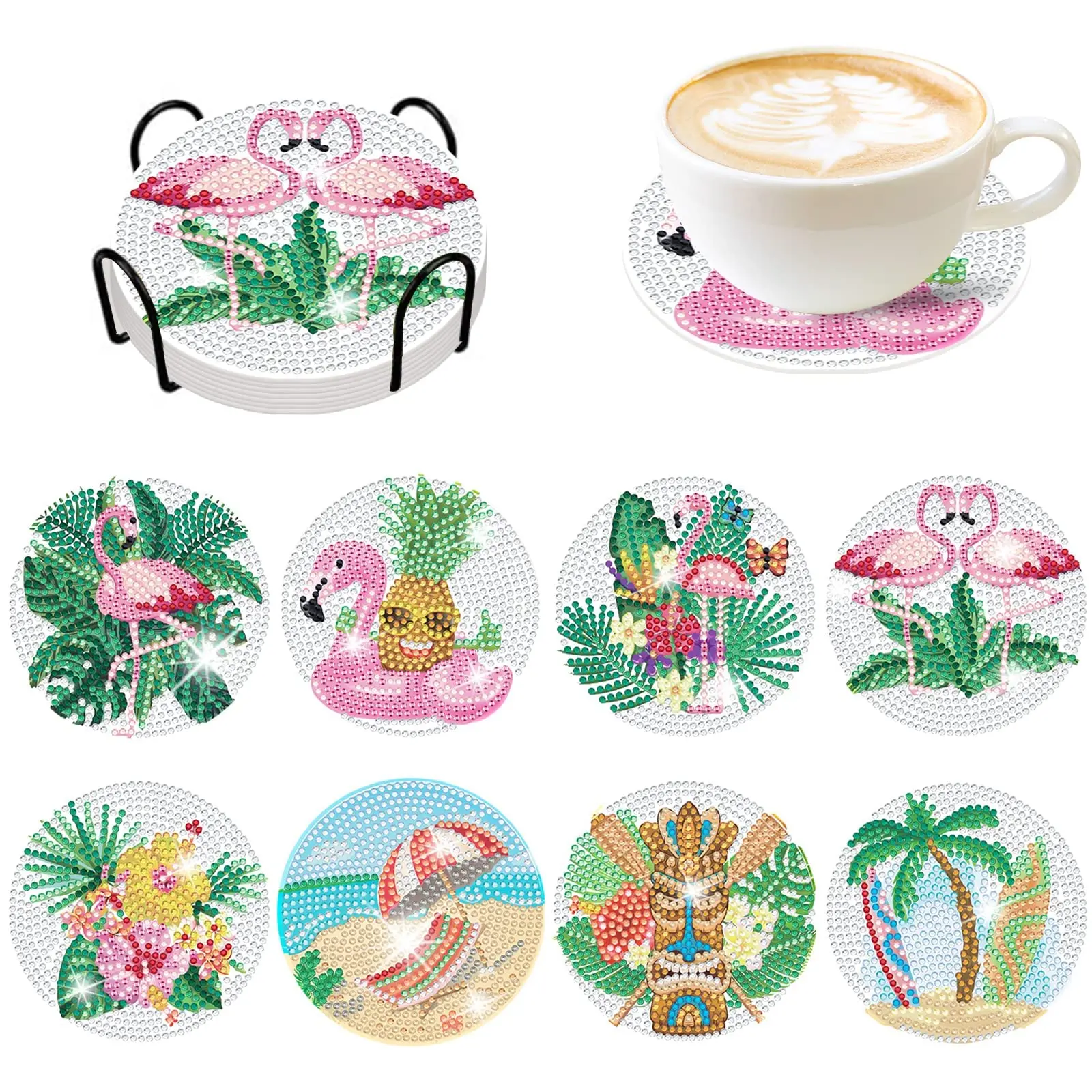 

8 Pcs Hawaiian Flamingo Diamond Painting Coasters with Holder DIY Summer Flamingo Diamond Art Coasters 5d Diamond Coasters with