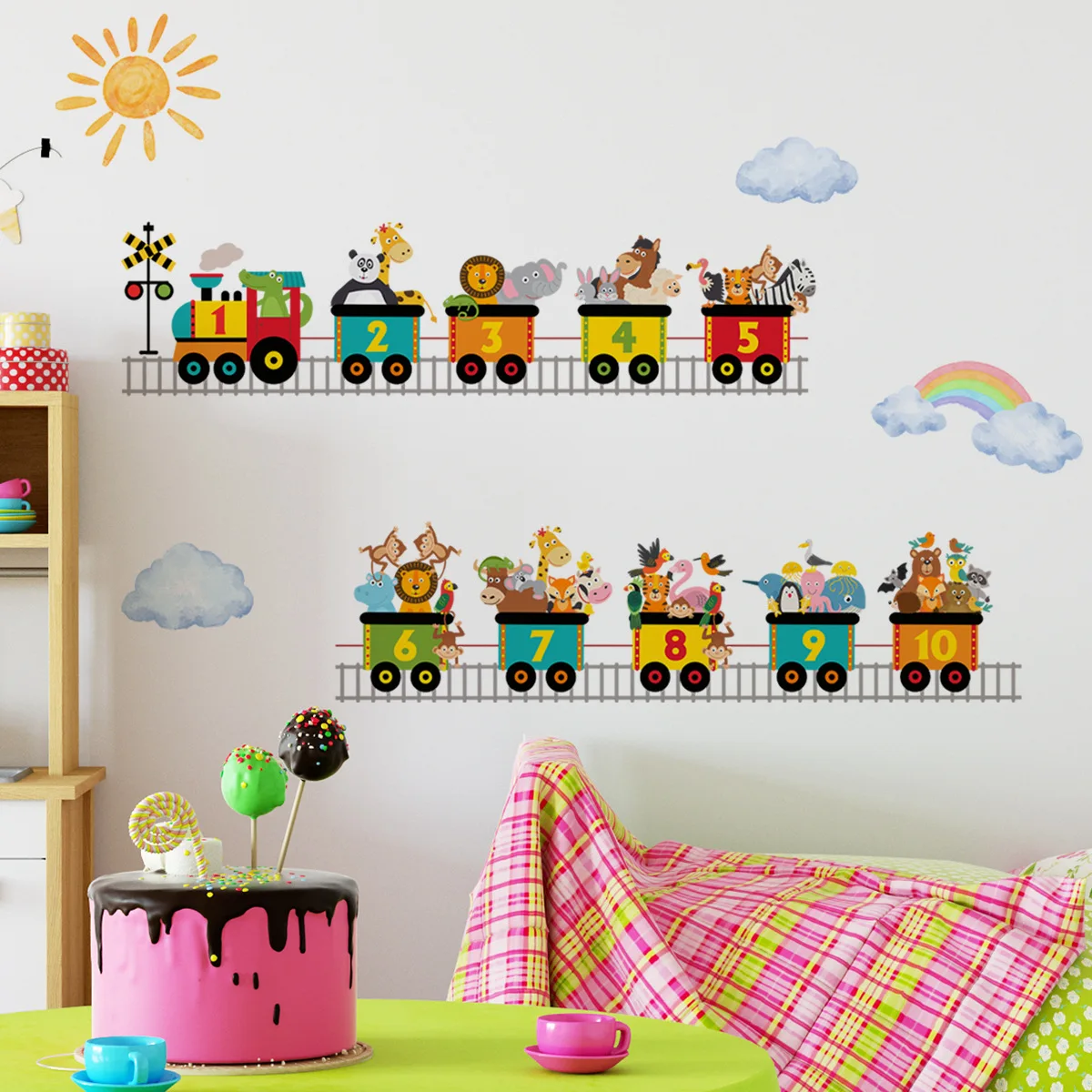 Акварельные Мультяшные животные цифры поезд медведь слон жираф настенные