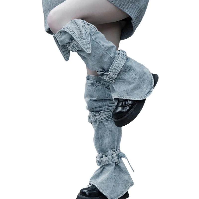Socks for Women Fall Winter Leg Warmers Knee Length Lolita Harajuku y2k Buckled Denim Leggings Stylish Jean Foot Socks for Lady