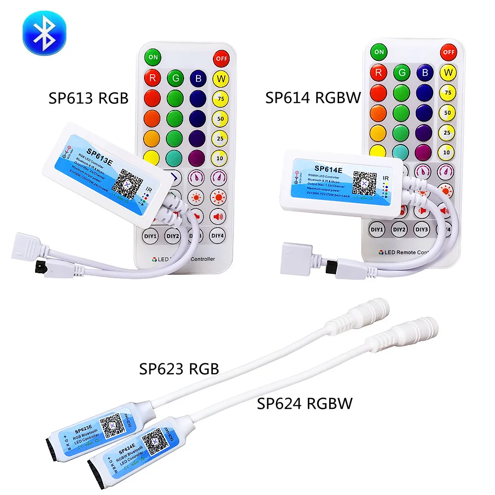 

Bluetooth RGB RGBW Controller SP613E SP614E SP623E SP624E DC 5-24V Mini 38 Key IR Remote Music MIC Timing LED Strip Controler