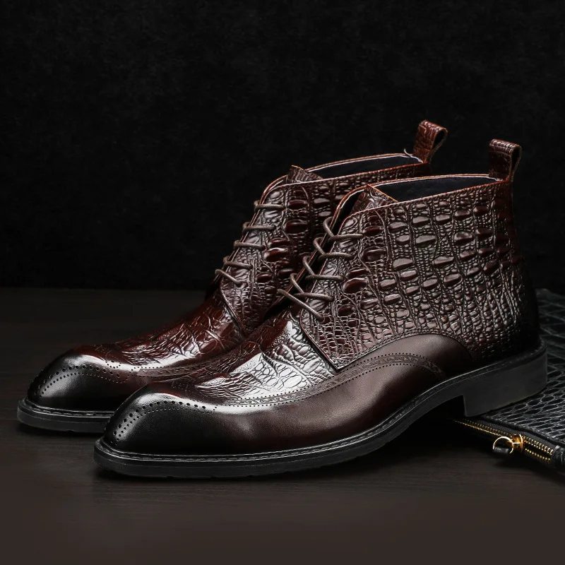 

2022 spring new top layer cowhide high-top Martin boots crocodile pattern British tide boots motorcycle leather men's boots