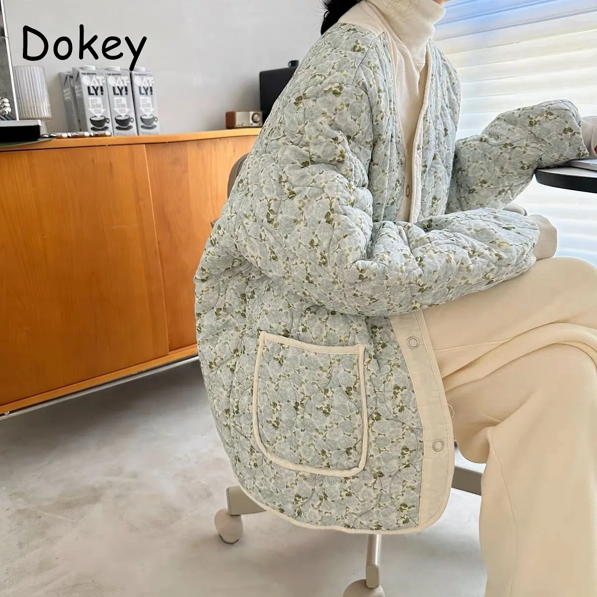 

Женское Стеганое пальто с цветочным принтом, повседневная однобортная Теплая стеганая куртка с хлопковой подкладкой, свободная верхняя одежда в Корейском стиле для зимы
