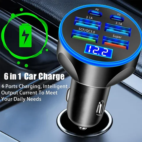 Автомобильное зарядное устройство USB C адаптер 4 USB A и 2 PD Сверхбыстрая зарядка с монитором напряжения для iPhone Samsung Huawei Vivo OPPO Oneplus