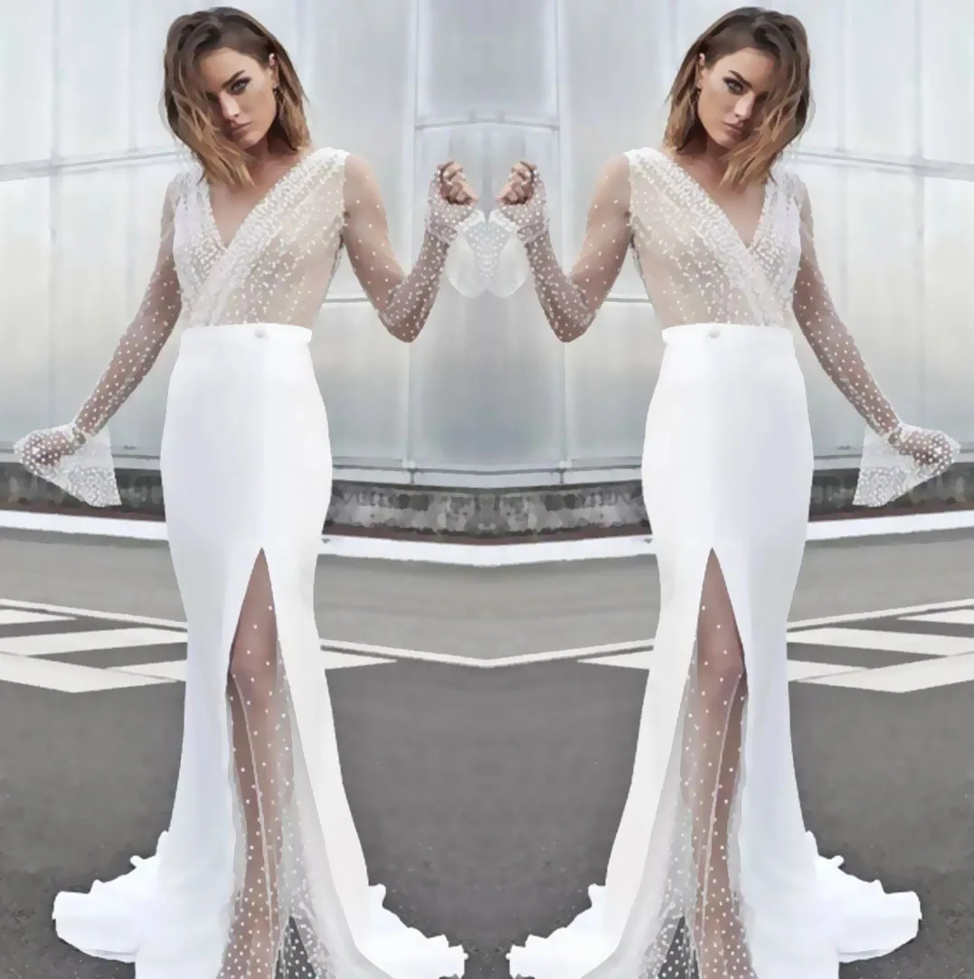 

Женская Весенняя модная новинка 2023, белая юбка для девушек, сексуальное прозрачное кружевное платье с V-образным вырезом и длинными рукавами
