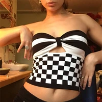 y2k checkerboard plaid pattern crop top women streetwear summer bodycon stripe tank top shirts black white color block clubwear