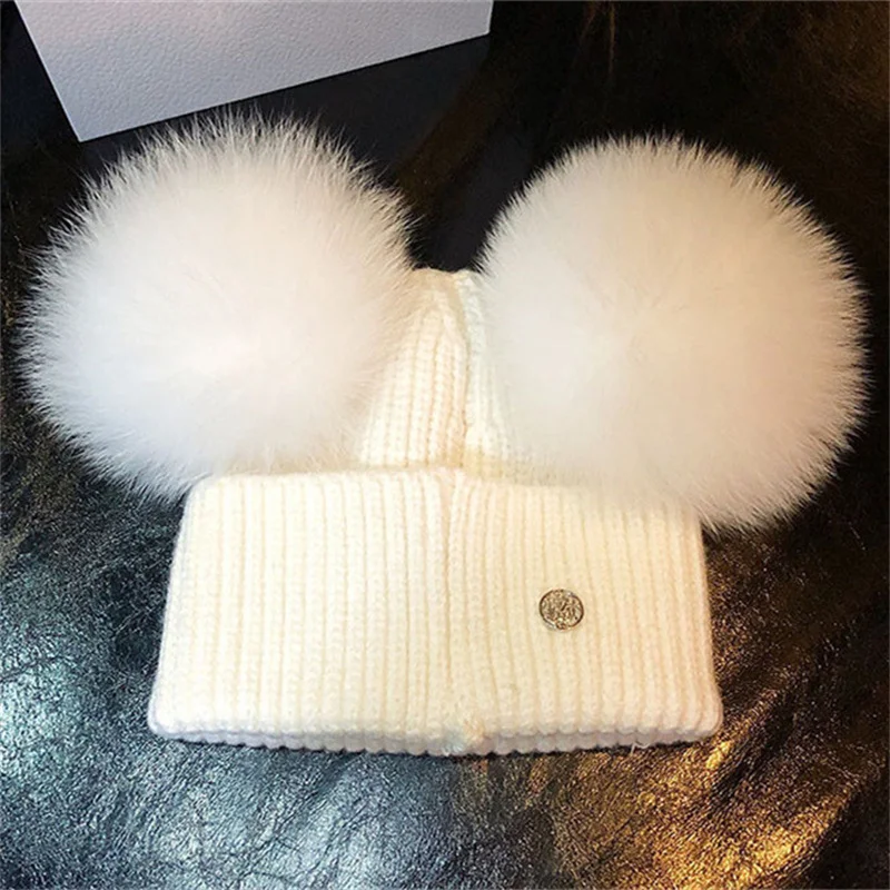 

women&#39s winter real fox fur wool knit hat baby cap beanie with 2 two double pom poms pompom ears funny hat