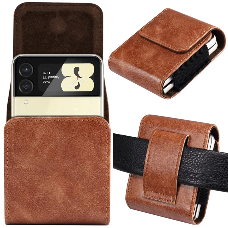 

For Huawei P50 Pocket S Magnet Phone Pouch For Moto Razr gen3 2 Leather Belt Waist Bag For Samsung Z Flip4 3 5G Flip Case Fundas