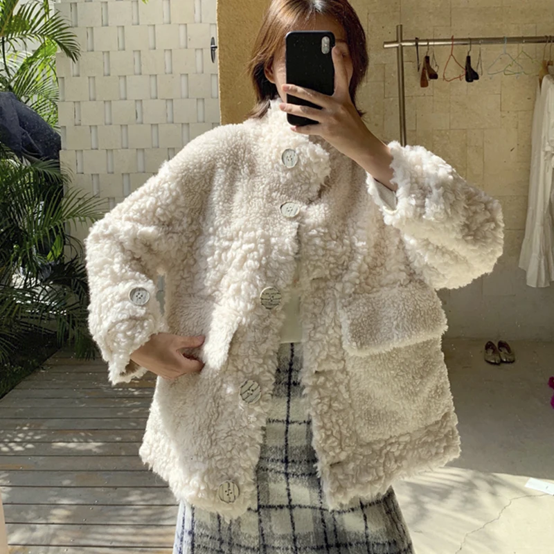 2023 New Winter 100% Woven Wool Jacket Women Real Fur Coat Wool Turn-down Collar Thick Warm Outerwear Brand Fashion Luxury