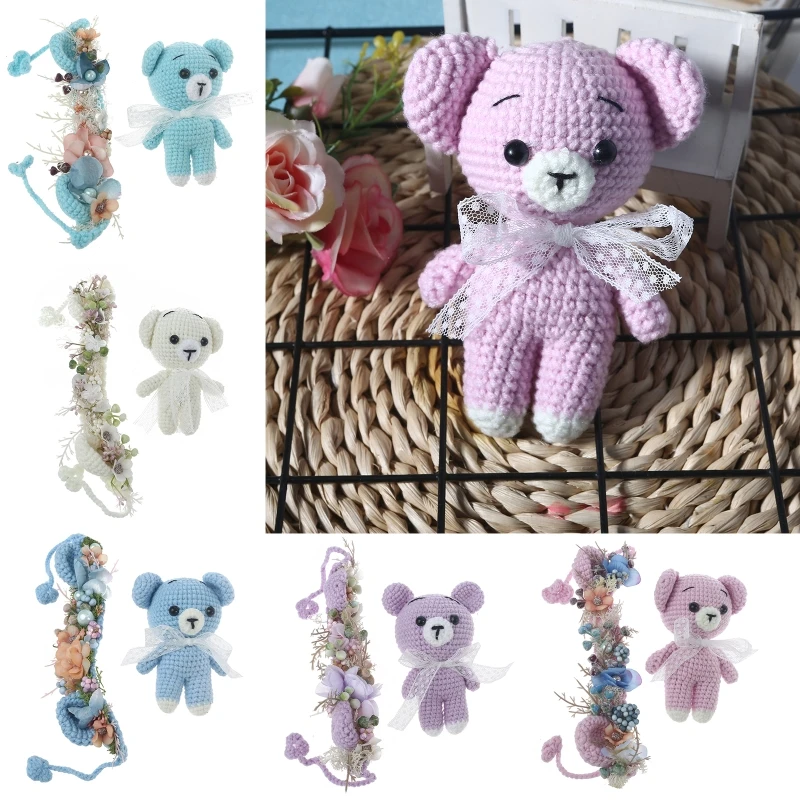 

2 Pcs Baby Knitted Hat Doll Set Crochet Toy Cap Hair Band Newborn Photography Props Infants Photo Shooting Accessories