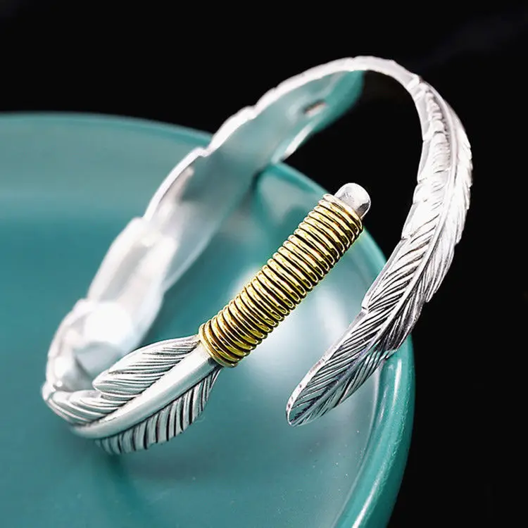 

Sterling Silver Takahashi Golang Feather Bracelet Men's Tide Brand Retro Bracelet Personality Versatile Simple Bracelet Summer