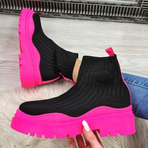 Women Ankle Boots Knitted Sock Platform Female Slip-on Ladies Casual Comfortable Concise Fashion 2023 New Studens Short Boots