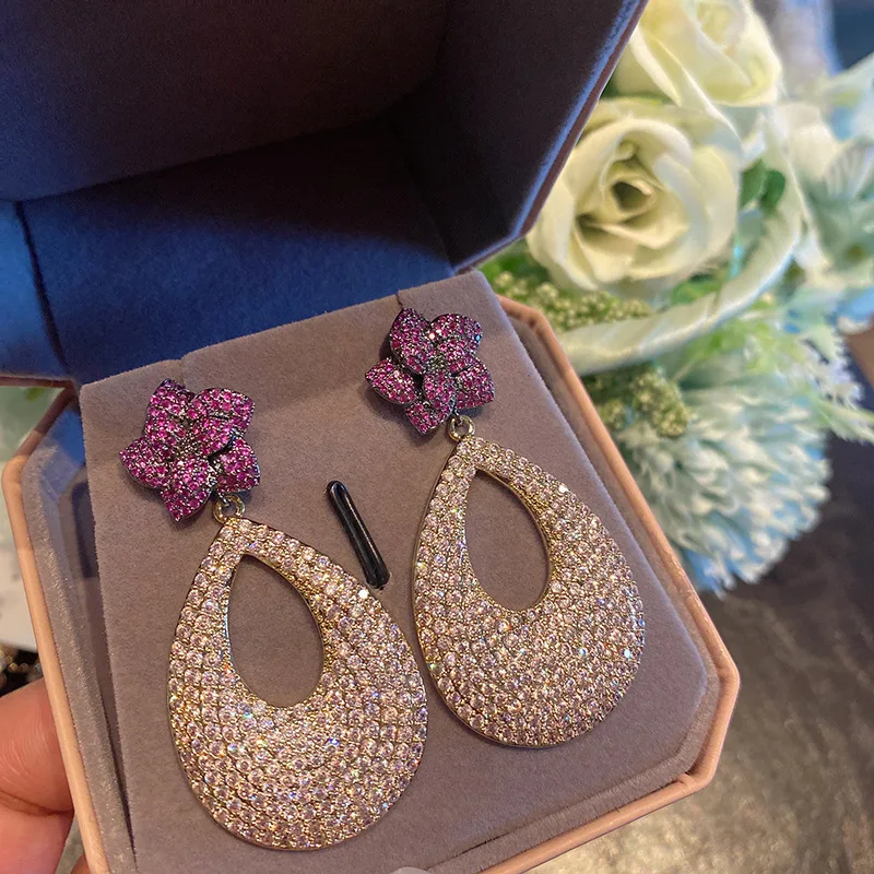 

High Heavy Industry Earrings European and American Exaggerated Color Zircon Flower Large Circle Earrings Petals Vintage Earrings