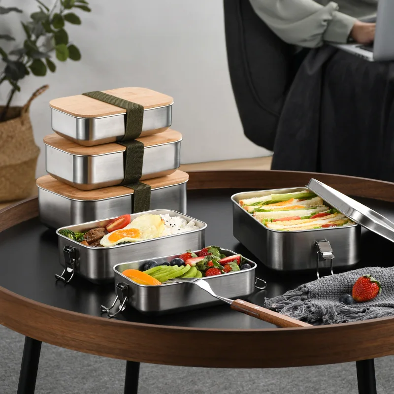 

Japanese-style Lunch Box 304 Stainless Steel Bamboo Lid Bento Box for School Office Students Kids Dinnerware Food Storage Box