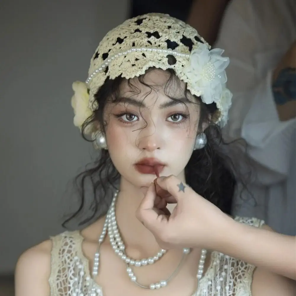 Дышащая вязаная шапка с вырезами цветочный кружевной берет жемчужные модные