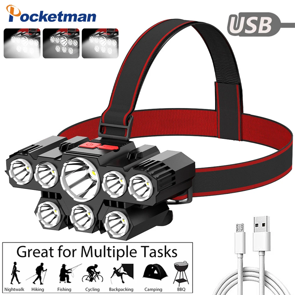 

Powerful USB 5 LED Headlamp Flashlight Rechargeable Flashlight Lantern Head Lamp Outdoor Headlight with Built-in 18650 Battery