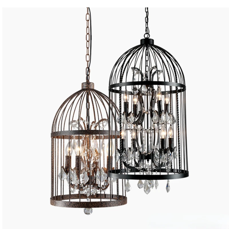 American Vintage Crystal Pendant Lights Bird Cage Hanging Lamp Iron Restaurant  Industrial Lighting Home Decor Luminare Fixture