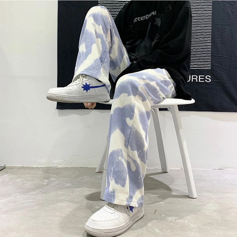 Vintage Distressed Tie Dye Baggy Jeans Male Wide Leg Pants Men Streetwear Retro Oversize Denim Trousers Casual Hip Hop Clothing