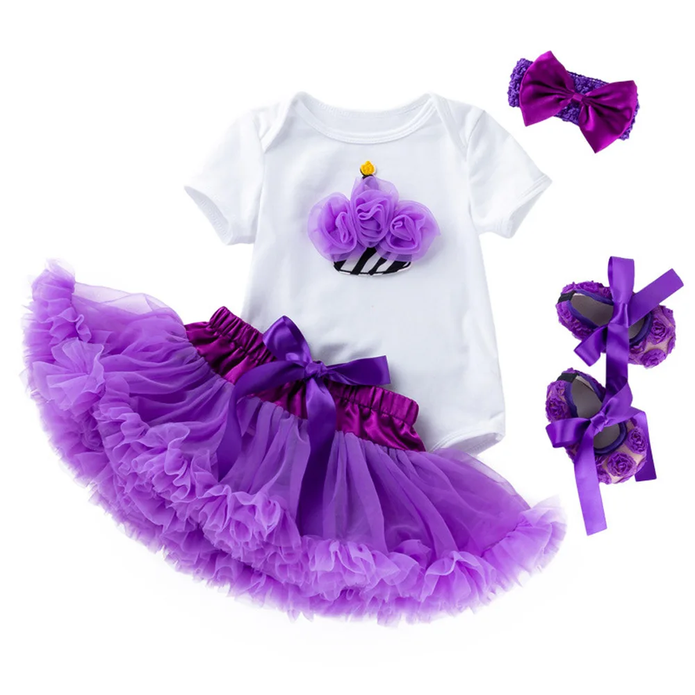 

0-24M Baby Girls Tutu Clothes Set Rose Purple Bodysuit Pettiskirt Birthday Outfits Infant 1st Party Headband Shoes Suit for Baby