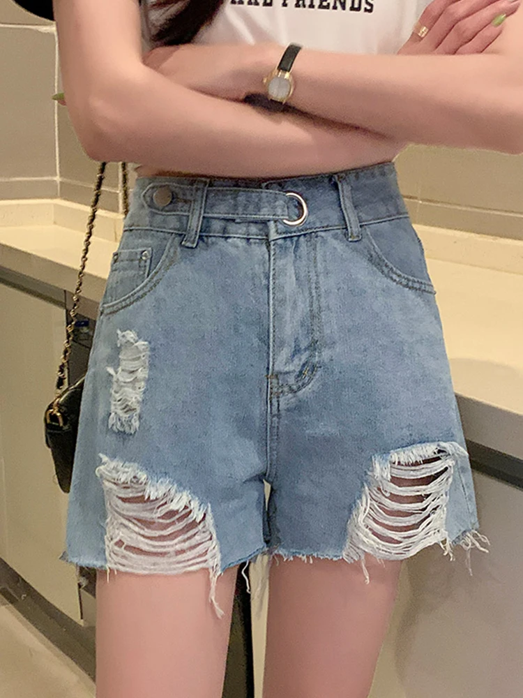 New Streetwear Women High Waist Loose Hole Frayed Blue Denim Shorts Spring Summer Female Wide Leg Button Jeans Shorts