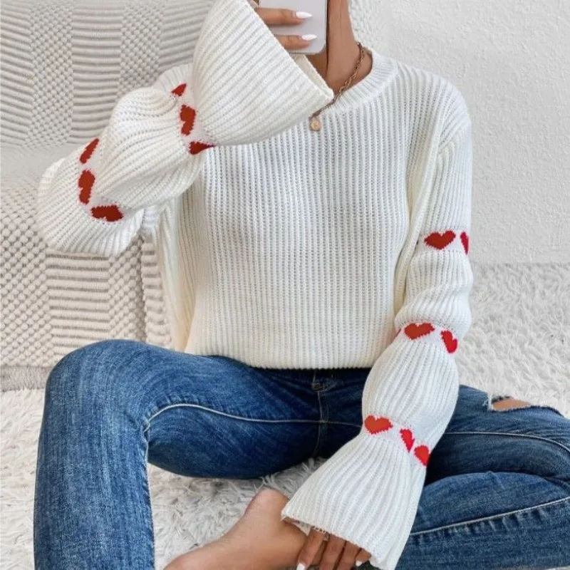 

New Loose Spring Autumn Long Sleeve Pullover Sweater Loose Love Jacquard Sweater 2023