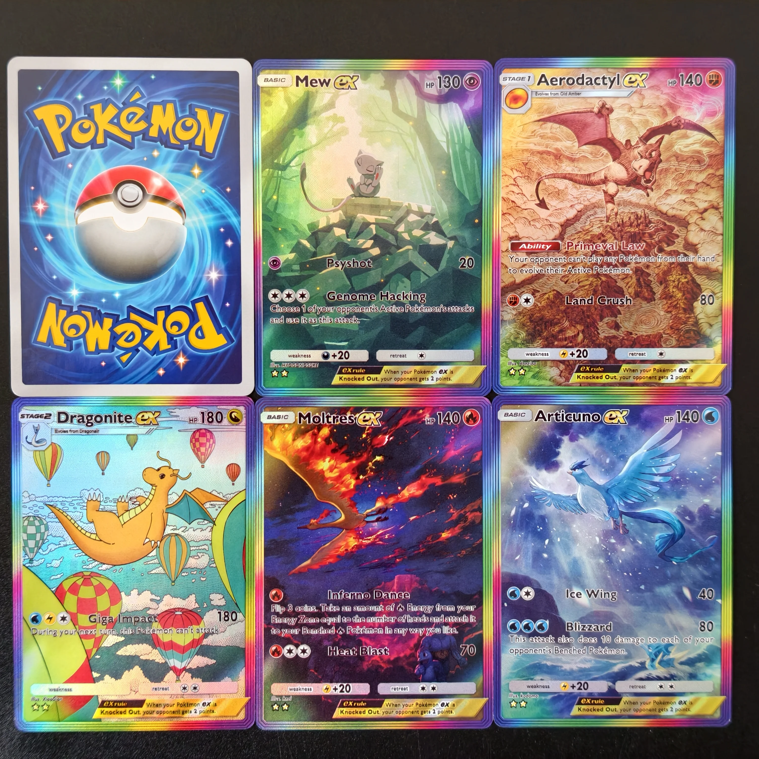 Фото Коллекционная карта DIY/Pokemon PTCG Pocket SAR: Английская версия Mew EX, Aerodactyl, Dragonite, Moltres, Articuno, с радужным текстурным голографическим эффектом