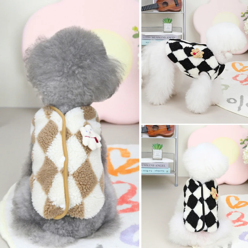 

Pet Checkerboard Vest Cat Dog Plush Autumn Winter Jacket Kitten Puppy Warm Cotton Coat Diamond Velvet Pet Clothing Dogs Clothes