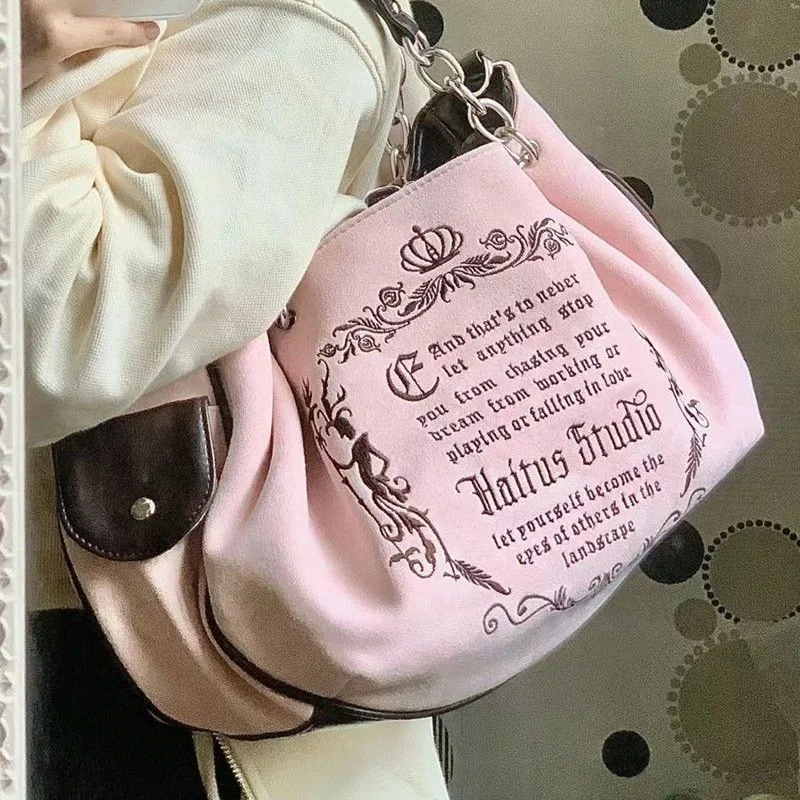 

Женская винтажная Сумка-тоут Y2K в готическом стиле, вместительная сумочка с вышивкой и надписью, дорожный чемоданчик на плечо в стиле ретро, гранж-цепь