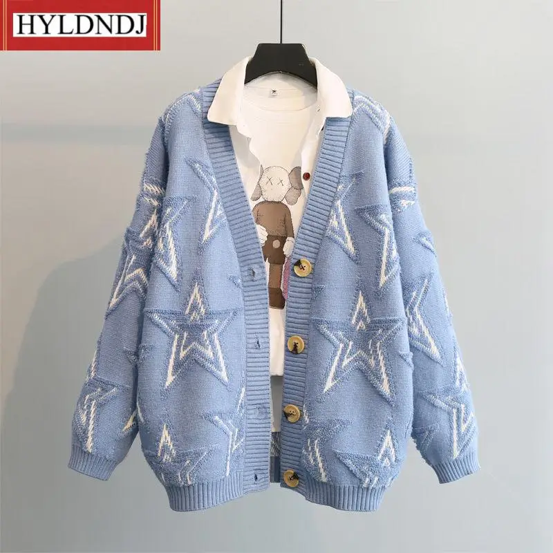 

Women's Autumn/winter 2023 New Korean Style Loose Embroidered Five-Pointed Star Mid-Length Top Knitted Cardigan Sweater Coat