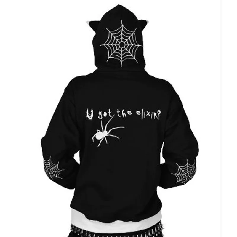 

Printing Spider Web Skeleton Print Black Y2k Goth Long-sleeve Full Zip Hoodies Oversized Jacket American Fashion Hot-selling