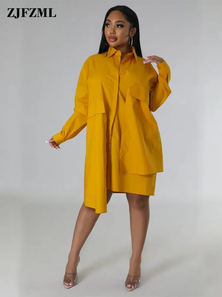 

Office Ladies Women Solid Color Shirt Blouse Dresses Simple Fashion Turn Down Collar Full Sleeve Single Breated Irregular Dress