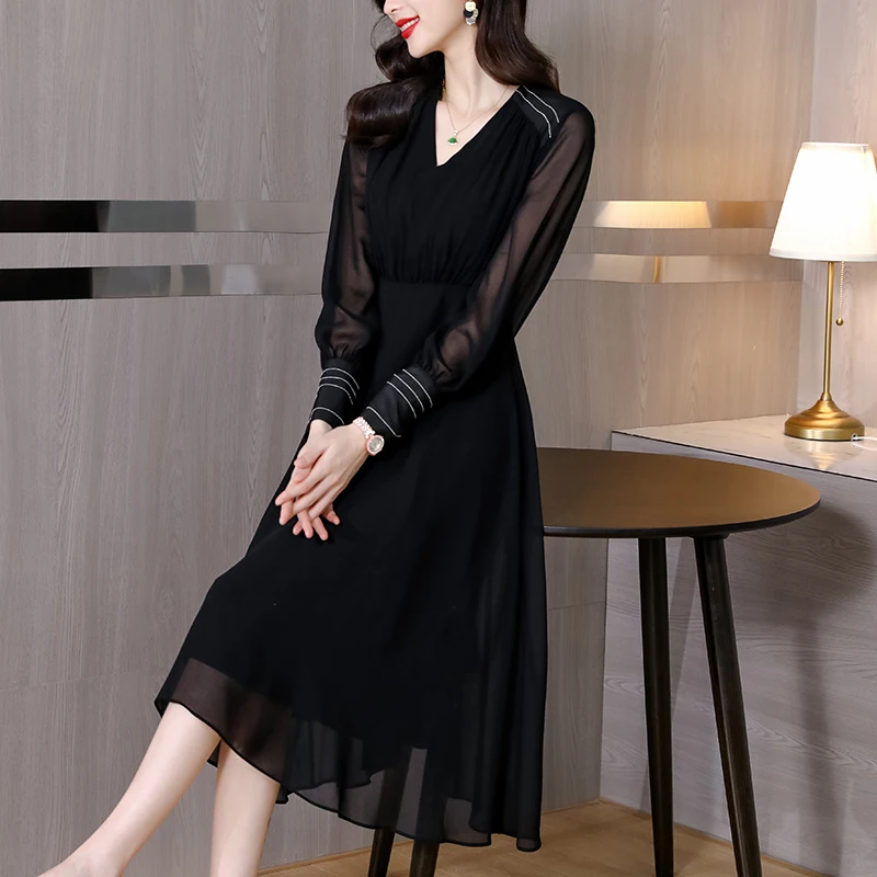 

COIGARSAM Women Spring 2022 New French Style Chiffon Long Sleeve High Waist V-Neck Black Dress Dropshipping