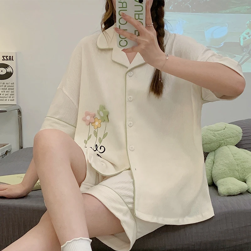 Summer Pajama Sets For Women Adult Flower Printing Sleepwear  Cotton Cool Pyjama Pour Femme Sweet Girl Homewear Pijama
