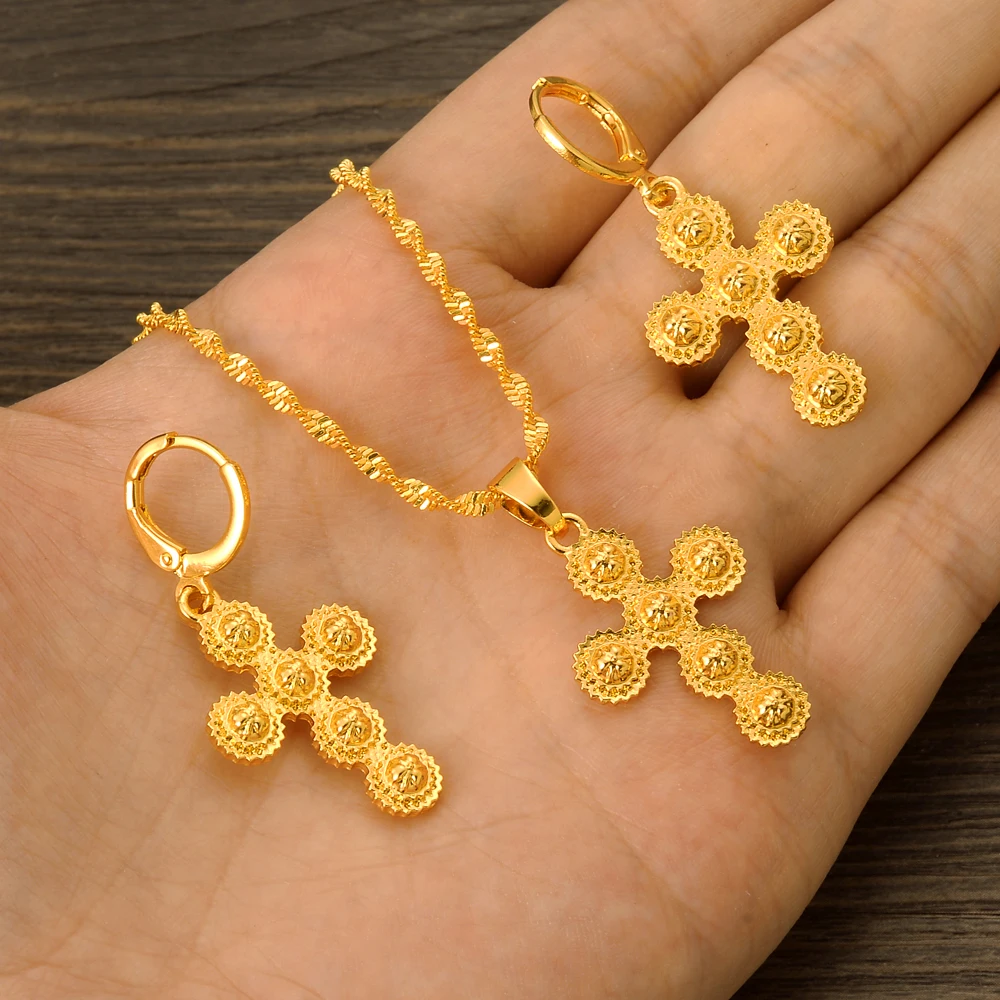 

Cute Small Gold Color Cross Christian Ethiopia Africa Dubai Set Necklace Earring Ring Habesha Jewelry Eritrean Best Holiday Gift