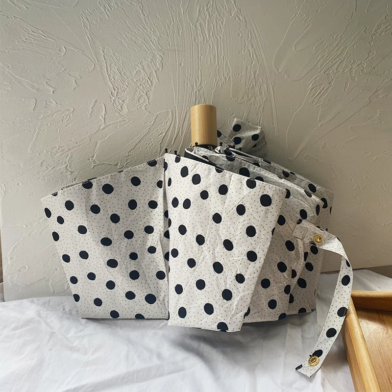 

Складной зонт в горошек с деревянной ручкой, Солнцезащитный Зонт с защитой от ультрафиолета, женский зонт от солнца, портативный компактный...