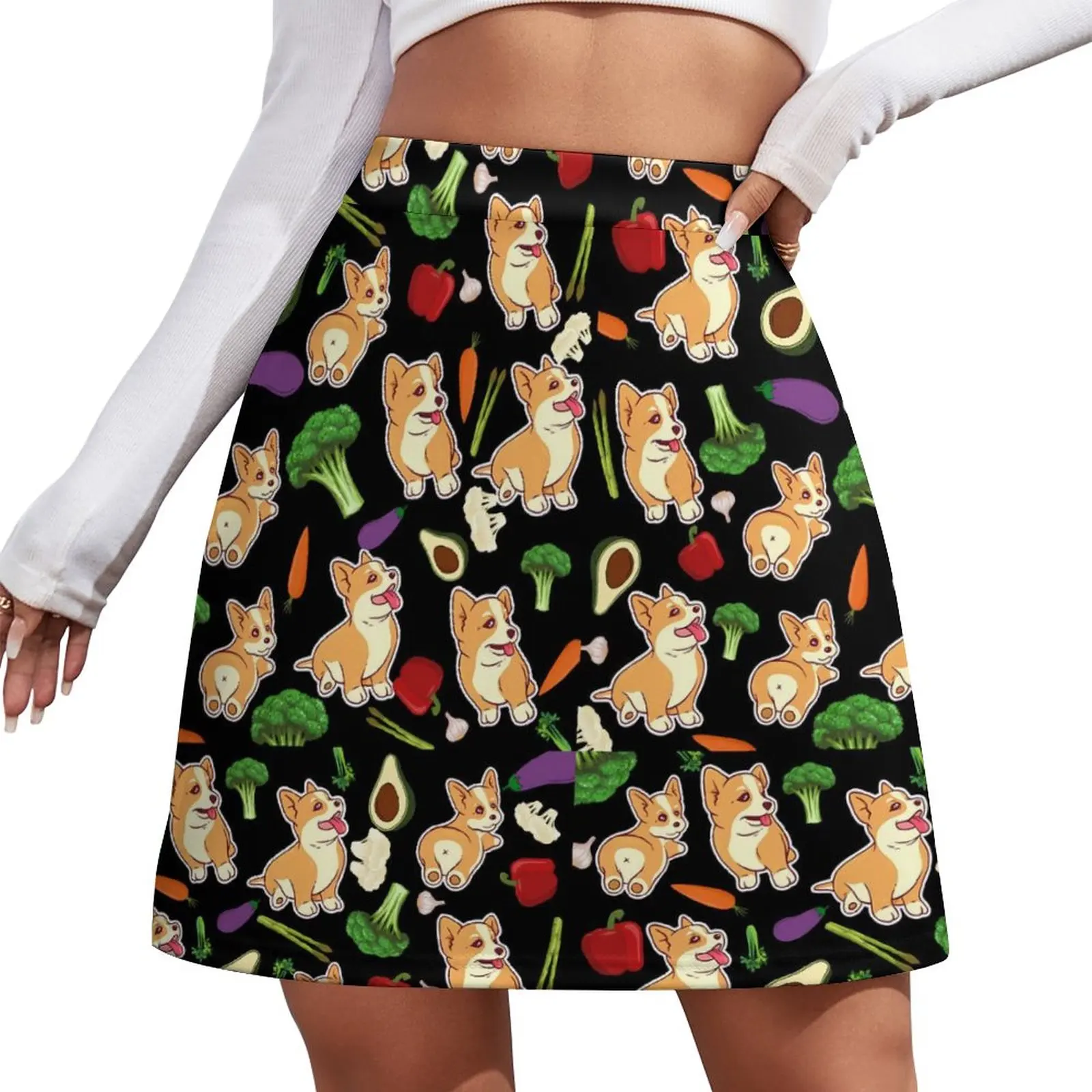 

Cute Corgi Print Skirt Female Vegetables Food Vintage Mini Skirts Spring Korean Fashion High Waist Big Size Casual A-line Skirt