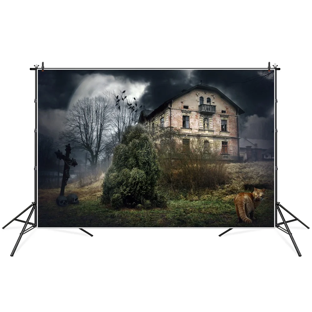 

Cross Skull Scarehouse Yard Halloween Photography Backdrops Custom Cloudy Night Cat Baby Kids Party Decoration Photo Backgrounds