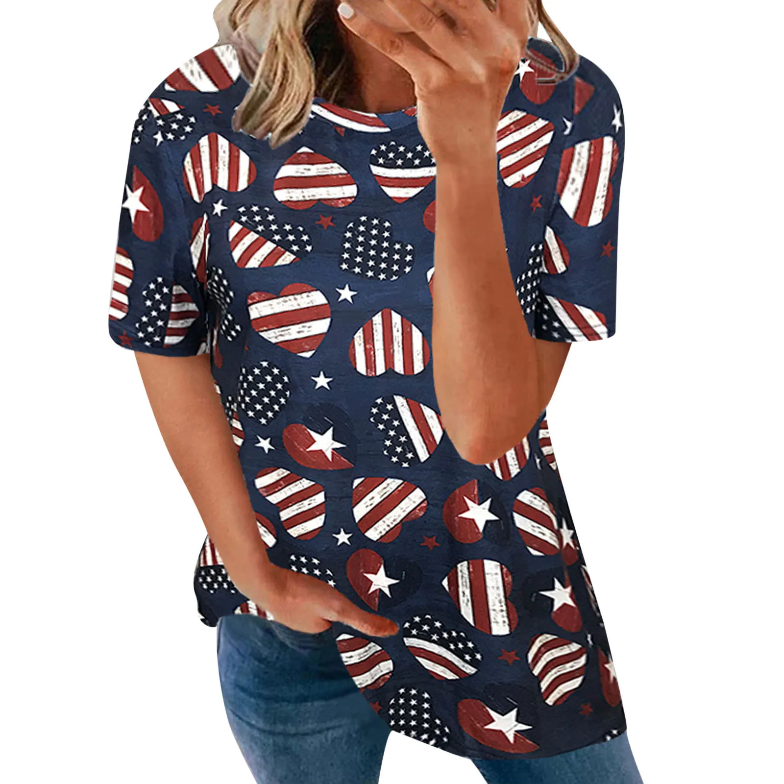 

Women's Short Sleeve Shirt Floral Independence Day Tops For Women Round Neck Tee Shirts Femme Tops Camisetas Футболка Женский